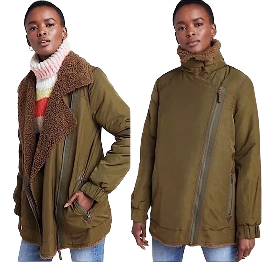 ANTHROPOLOGIE Joni Oversized Sherpa Lined Longline Moto Aviator Jacket LIKE NEW